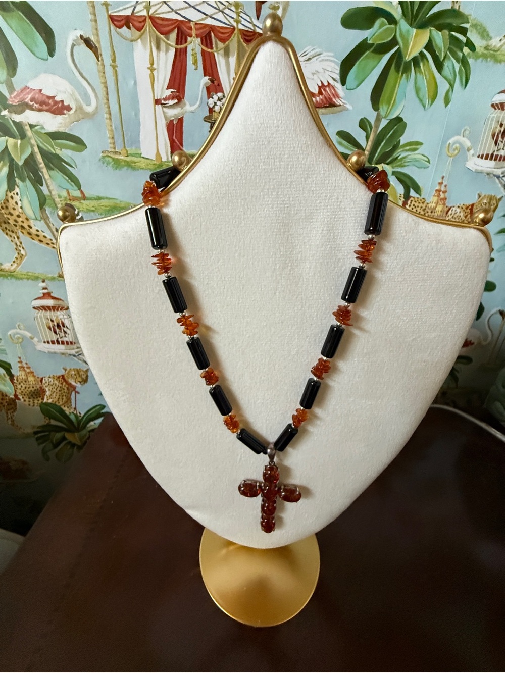 Onyx and Amber Cross Necklace w Tags